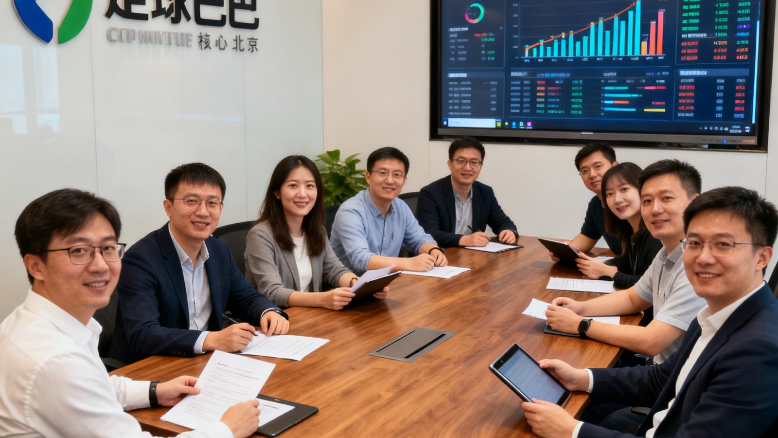 足球巴巴核心团队在北京总部办公室的合影，团队成员围坐在会议桌旁讨论产品方案，背景为公司品牌墙和大屏幕数据看板